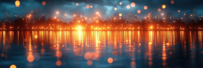 Naklejka premium A serene nighttime landscape with glowing reflections on water and atmospheric lights.