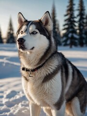 Naklejka premium Siberian Husky with blue eyes sitting proudly in a snowy landscape under bright sunlight
