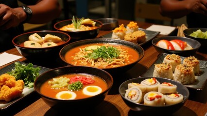 A lively scene of Eastern cuisine: bowls of ramen, trays of dim sum, and a variety of sushi rolls arranged for a shared dining experience