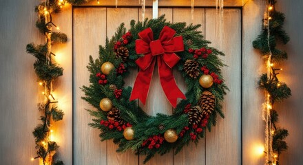 Festive Christmas wreath with pinecones, red bow, and lights on wooden door