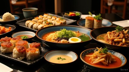 A lively scene of Eastern cuisine: bowls of ramen, trays of dim sum, and a variety of sushi rolls arranged for a shared dining experience