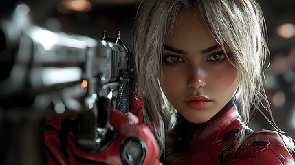 The beauty is holding a light gun in her hand panorama,Full body,blonde hair,baddie outfit,UHD,ultra-detailed,delicate skin texture,high resolution,Mecha outfit. 