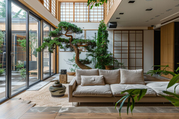 Naklejka premium Interior of a modern Japanese style living room featuring a large indoor garden