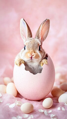 Adorable bunny inside large pastel egg shell, concept of Easter