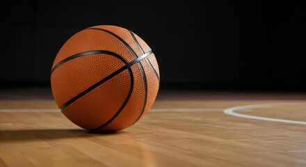 Obraz premium Orange basketball on wooden court under indoor lighting
