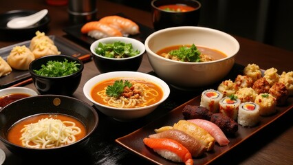 A lively scene of Eastern cuisine: bowls of ramen, trays of dim sum, and a variety of sushi rolls arranged for a shared dining experience