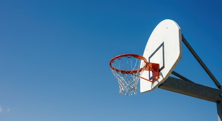 Outdoor basketball hoop against clear blue sky, focusing on rim and backboard