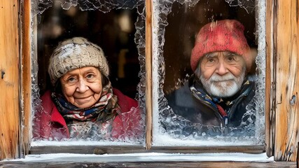 Elderly couple gazes through frosty window in winter cabin, displaying warmth and tranquility in a snowy landscape - Powered by Adobe