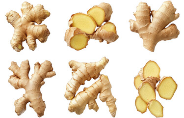 six of fresh ginger root. whole. sliced and in pieces. isolated on transparent background