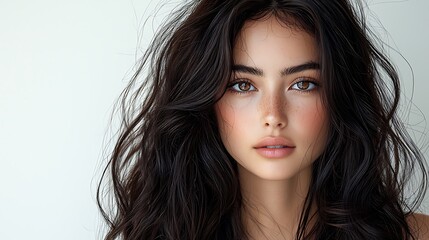 Naklejka premium Young Thai woman with long, wavy black hair, showcasing the luxurious results of a salon dye treatment, captured in a studio setting, Isolated White Background, High Resolution. 