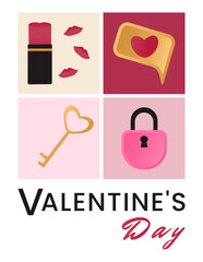 Obraz premium Postcard with romantic symbols of Valentines Day - lipstick with kisses, lock and key, sms with a heart.