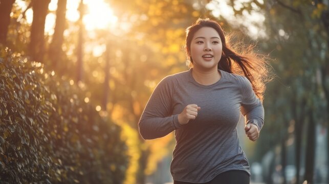 Plus size African American woman walking at the park in a summer day. Overweight female in sportwear training outdoor. photo