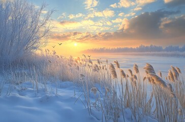 Serene Winter Landscape with Gentle River at Sunrise, Soft Light Reflecting on Snow-Covered Banks, Silhouetted Reeds, and Flying Birds in a Peaceful Scene