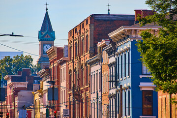 Colorful Historic Buildings and Clock Tower in Cincinnati Street View
