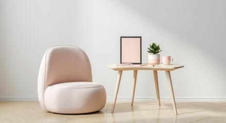 Minimalist room with modern chair and wooden table featuring small plant framed art
