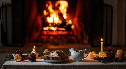 Cozy winter scene with bread, pitcher, candles, and fireplace