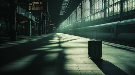 Einsames rotes Gepäckstück im Schatten einer modernen Umgebung

