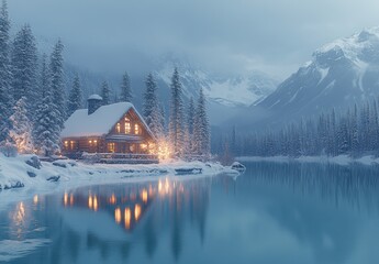 Fototapeta premium Tranquil Winter Cabin by a Frozen Lake Surrounded by Snow-Capped Mountains and Lush Pine Forest under a Soft Misty Sky at Dusk
