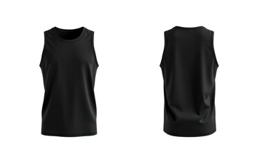 Black sleeveless tank top for active sports. Blank garment. Front and back views. Versatile design suitable for various sports. Lightweight and breathable. Casual attire or sportswear.