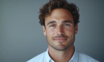 Fototapeta premium Young man with curly hair and blue eyes smiling confidently against a neutral background, portraying positivity and approachability in a professional setting