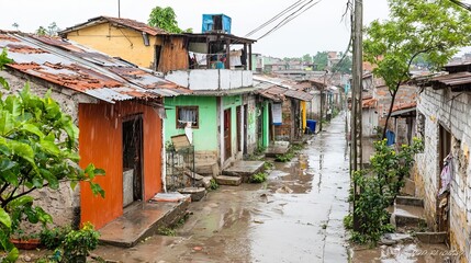 Naklejka premium Slum urban inequality concept. Wet alleyway in a colorful neighborhood with modest houses.
