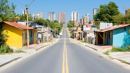 Obraz premium Slum urban inequality concept. Urban street lined with colorful houses leading to tall buildings in the background.