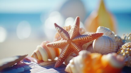 Close-up shot of shells and starfish on a sandy beach