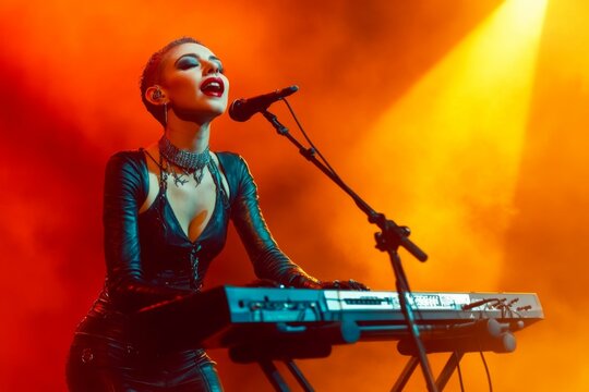 Portrait of a rock, goth, new wave female Keyboardist: A dynamic shot of a female in leather attire, playing an electronic keyboard on stage and singing with intense energy.