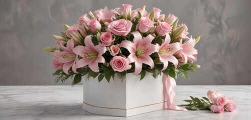 Elegant pink roses & lilies bouquet, luxury gift box,  present,  petals