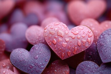 Obraz premium Close-up of purple hearts with water droplets on them