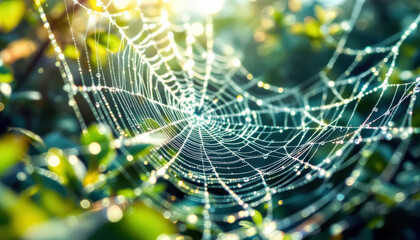 Naklejka premium An intricate spider web glistening with dew drops, elegantly stretched across a backdrop of lush green forest, capturing the beauty of nature’s delicate creations.