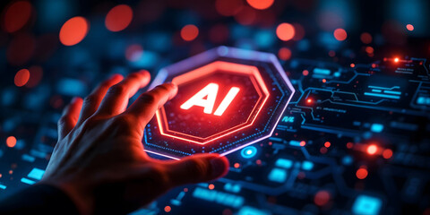 Hand interacting with a digital button with the "AI" symbol, representing artificial intelligence, advanced technology, innovation and the digital future.