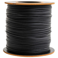Black Electrical Wire Spool on Wooden Reel, Close-up of Coil for Electrical Projects and Repairs