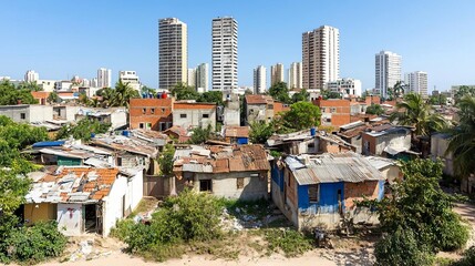 Obraz premium Slum urban inequality concept. Urban contrast between slum housing and modern skyscrapers.