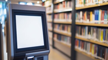 Modern Digital Library Catalogue Kiosk with Blank Screen in Bookstore