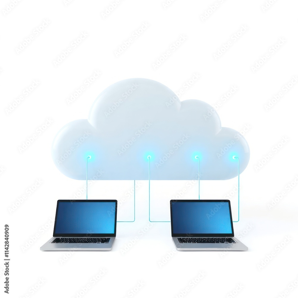 Poster two laptops connected to cloud symbol. tech illustration shows data storage, accessibility in cloud 