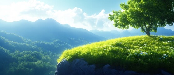 A serene landscape featuring a lush green hill, a solitary tree, and distant mountains under a bright sky with soft clouds.