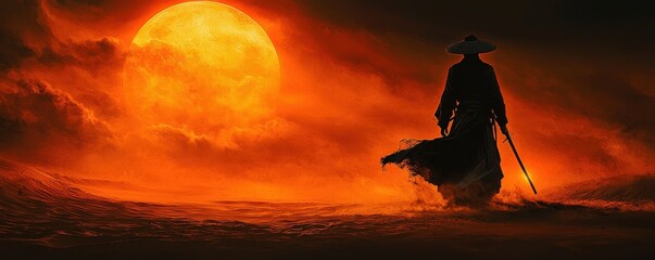 Lone samurai walking under a vibrant moonlit desert sky
