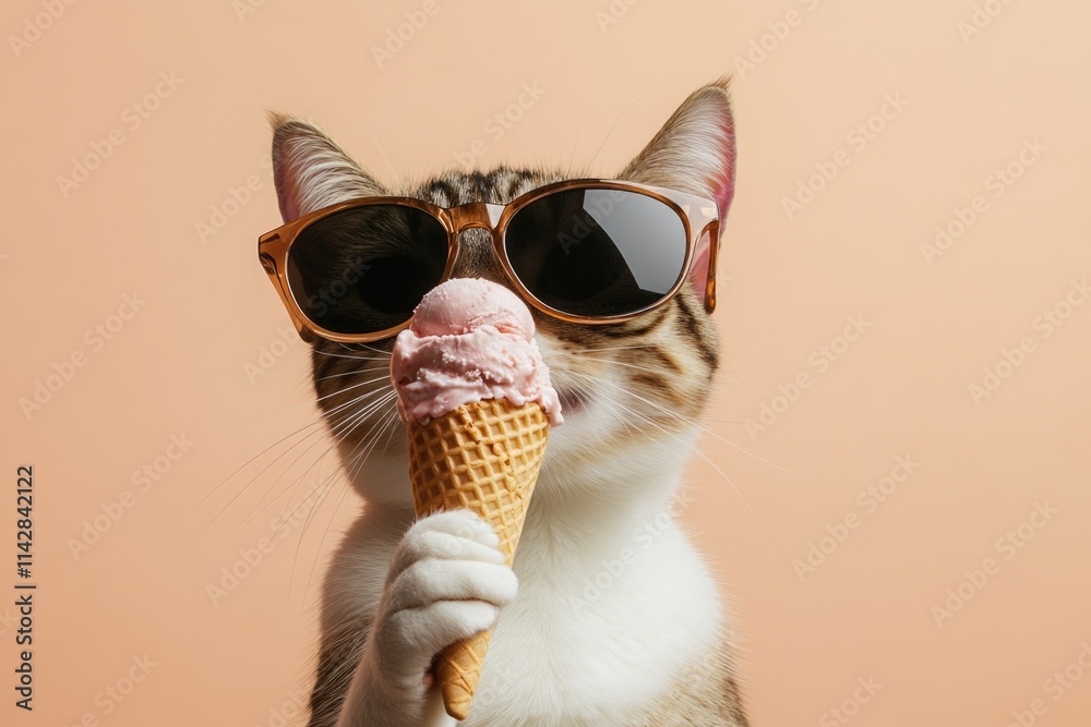 Aufkleber a cat enjoying an ice cream cone while wearing trendy sunglasses