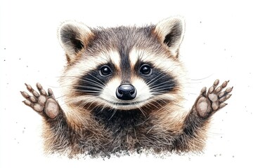 Fototapeta premium A raccoon holds up its paws in a gesture of surrender