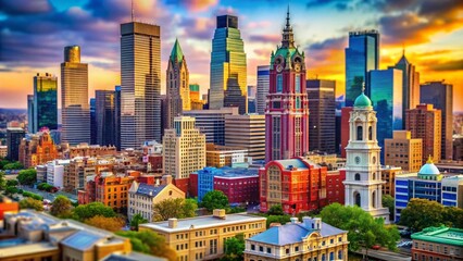 Fototapeta premium Philadelphia Skyline Panorama, Vibrant Cityscape, Colorful Macro Photography, USA, Urban Landscape, Detailed Architecture