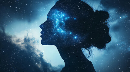 Cosmic Mind: A silhouette of a woman's profile, bathed in the ethereal glow of a cosmic nebula, evokes a sense of wonder and limitless potential.
