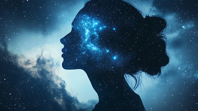 Cosmic Mind: A silhouette of a woman's profile, bathed in the ethereal glow of a cosmic nebula, evokes a sense of wonder and limitless potential.