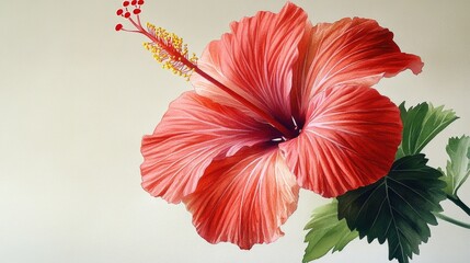 A single red flower sits inside a clear glass vase surrounded by lush green leaves