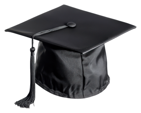 PNG A classic black graduation cap featuring a square top and a long tassel, symbolizing academic achievement.