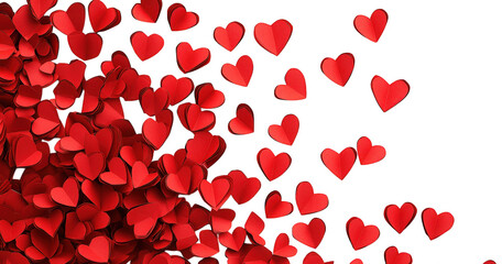 red paper hearts scattered on transparent background. forming a diagonal line. with copy space