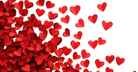 red paper hearts scattered on transparent background. forming a diagonal line. with copy space