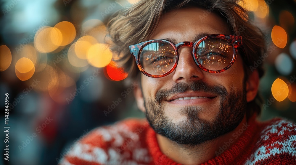 Poster a person wearing glasses and a red sweater, ideal for use in editorial or commercial contexts where 