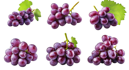 a collection of six red grape clusters with green leaves. isolated on a transparent background. showing different angles and perspectives
