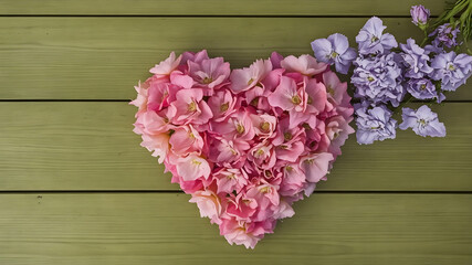 wooden background with heart shaped formed flowers. Love and greeting concept. AI generated image, ai